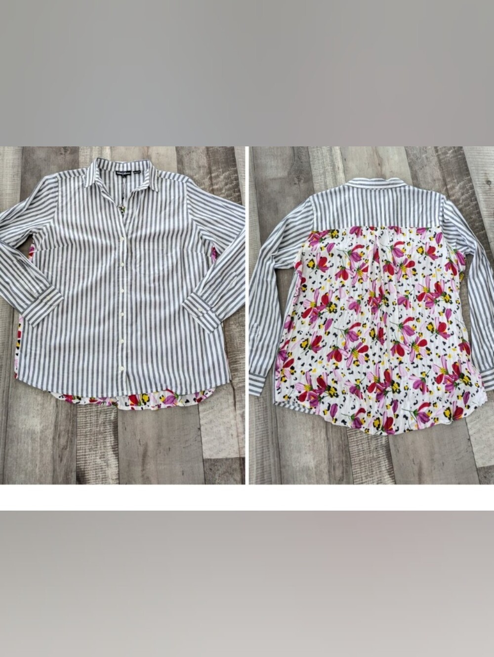 Tolani Collection striped button down blouse floral back Boho Mixed Media NWT L